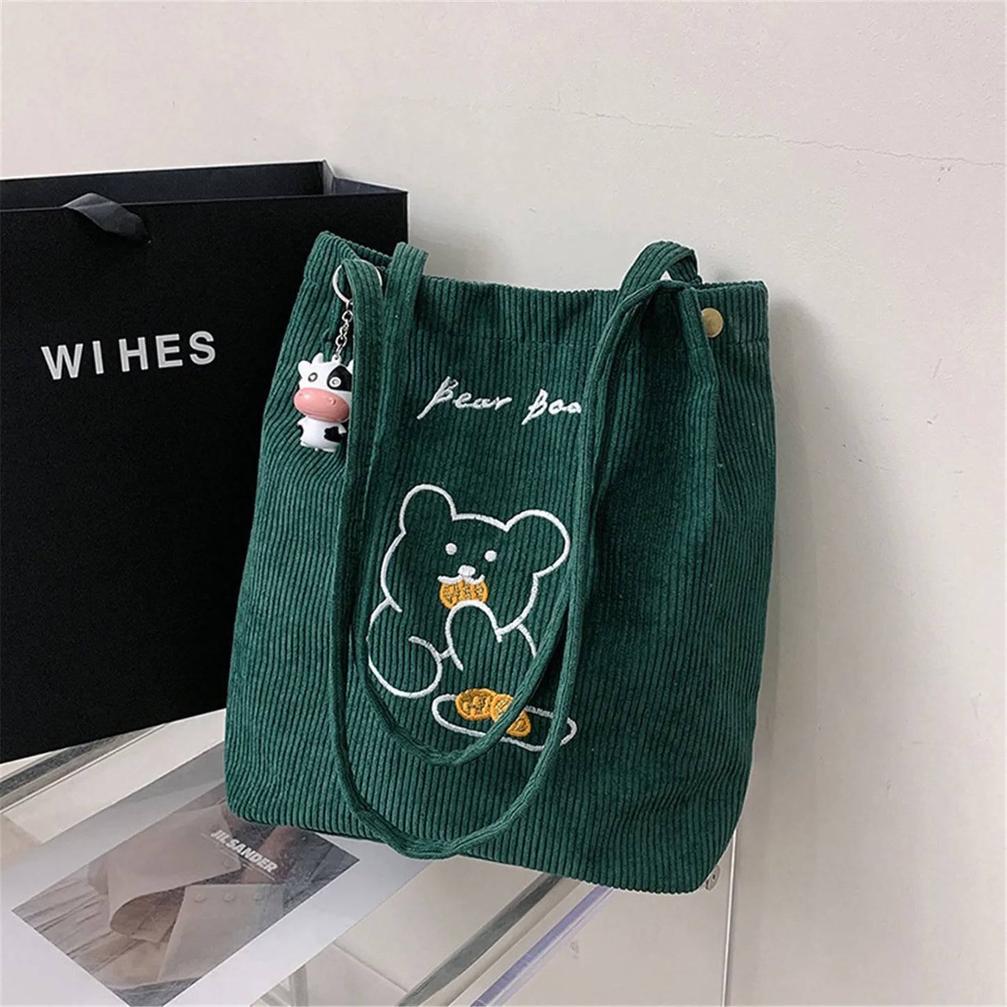 Women Corduroy Shoulder Bags Bear Pattern Ladies Casual Handbag Reusable Large Capacity Tote Bags Casual Female Shopping Bags