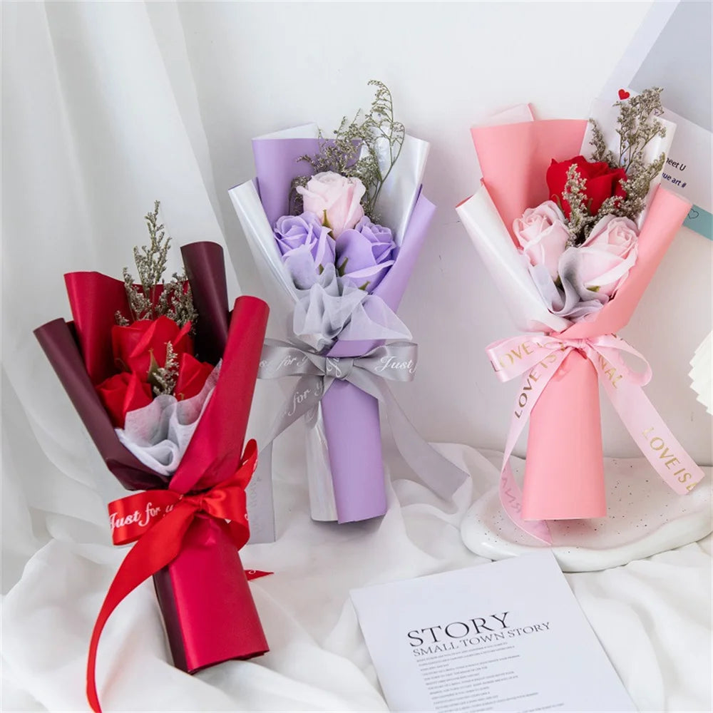 Artificial Soap Flower Rose Bouquet Gift Bags Valentine'S Day Birthday Gift Wedding Home Decor 3 Heads Rose Soap Bouquet Gift