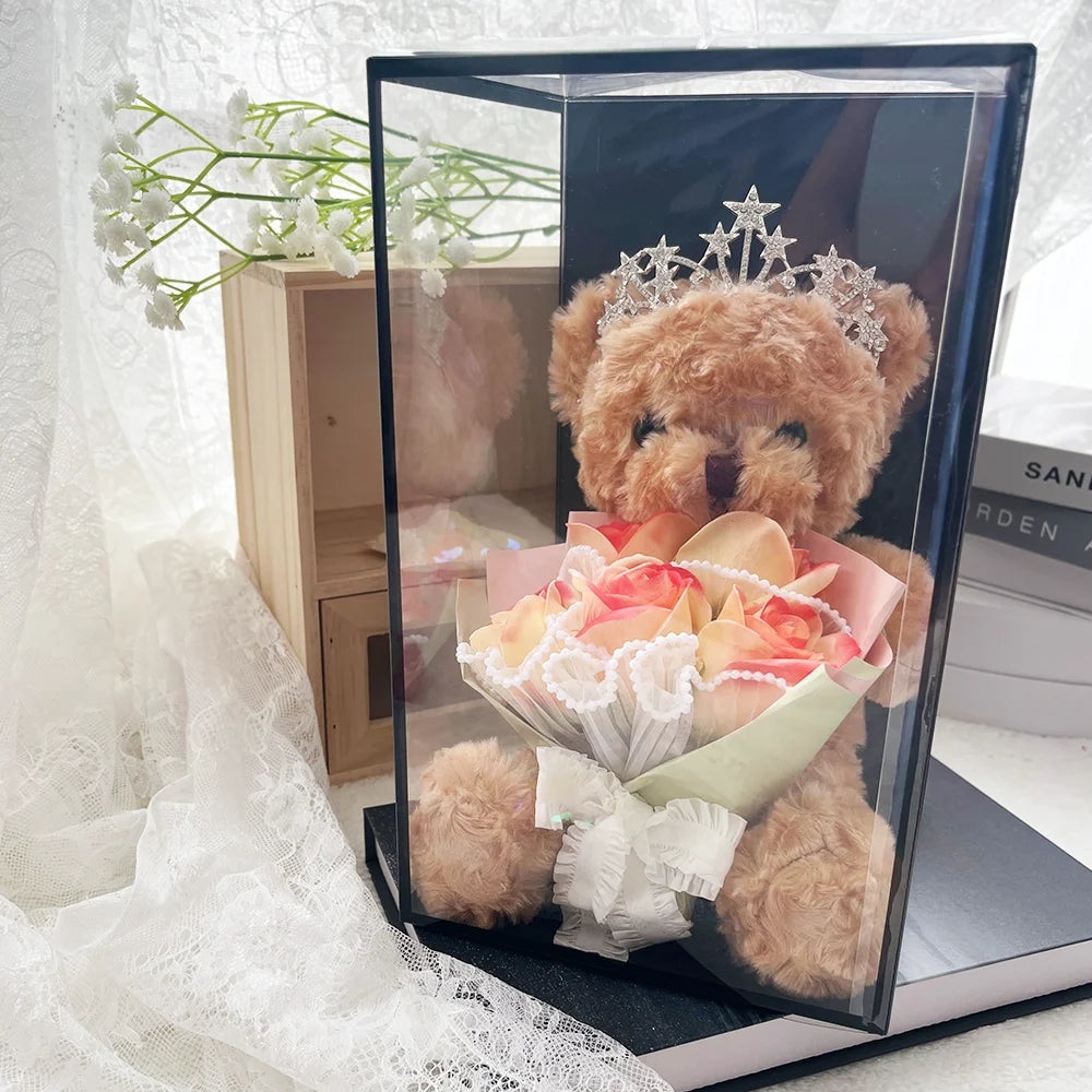 1pcs Plush Bear Rose Flower Bouquet Gift Box Luxury Artificial Soap Flowers Wedding Birthday Christmas New Year Party Decor Prop