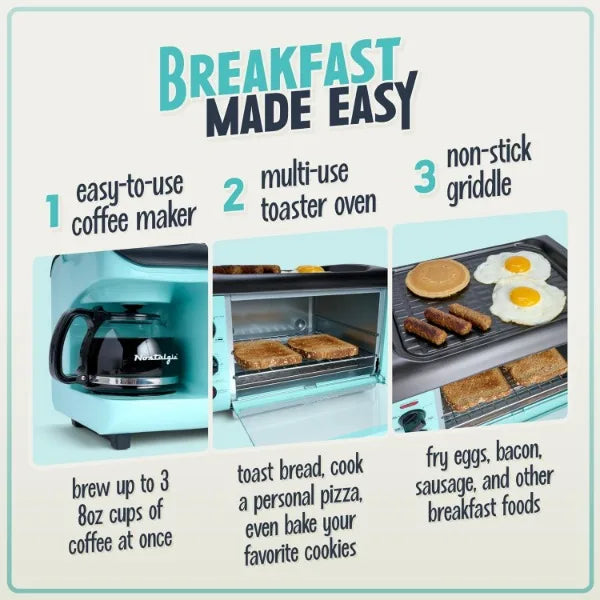 Nostalgia 3-in-1 Breakfast Station - Includes Coffee Maker, Non-Stick Griddle, and 4-Slice Toaster Oven - Breakfast Maker