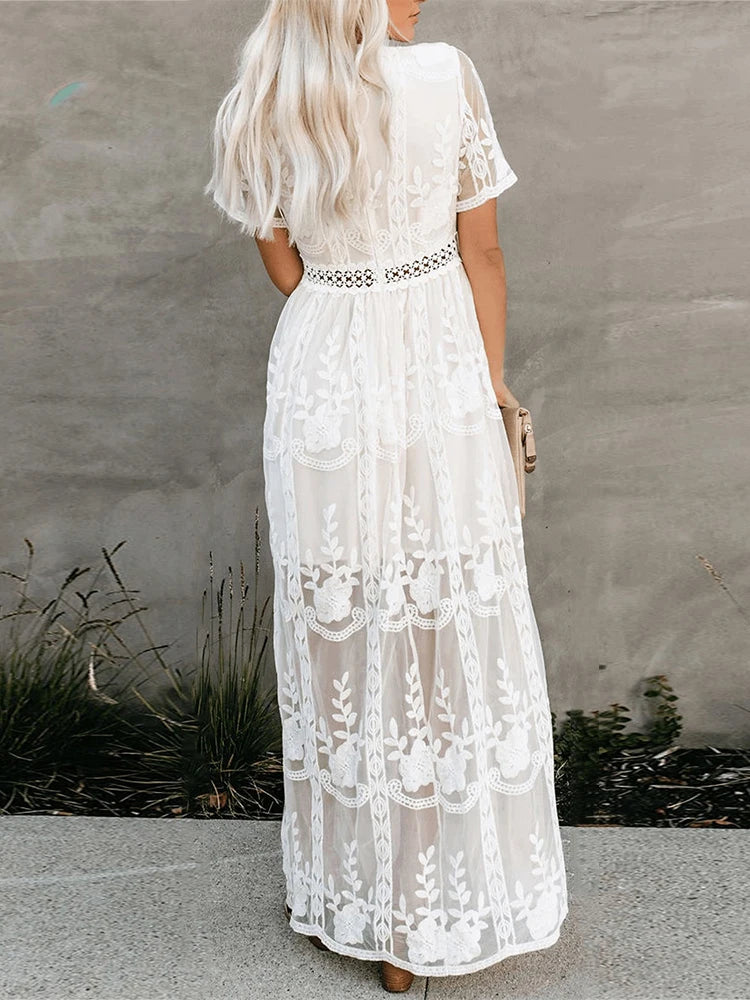 Jastie 2023 Summer Boho Women Maxi Dress Loose Embroidery White Lace long Tunic Beach Dress Vacation Holiday Women Clothing