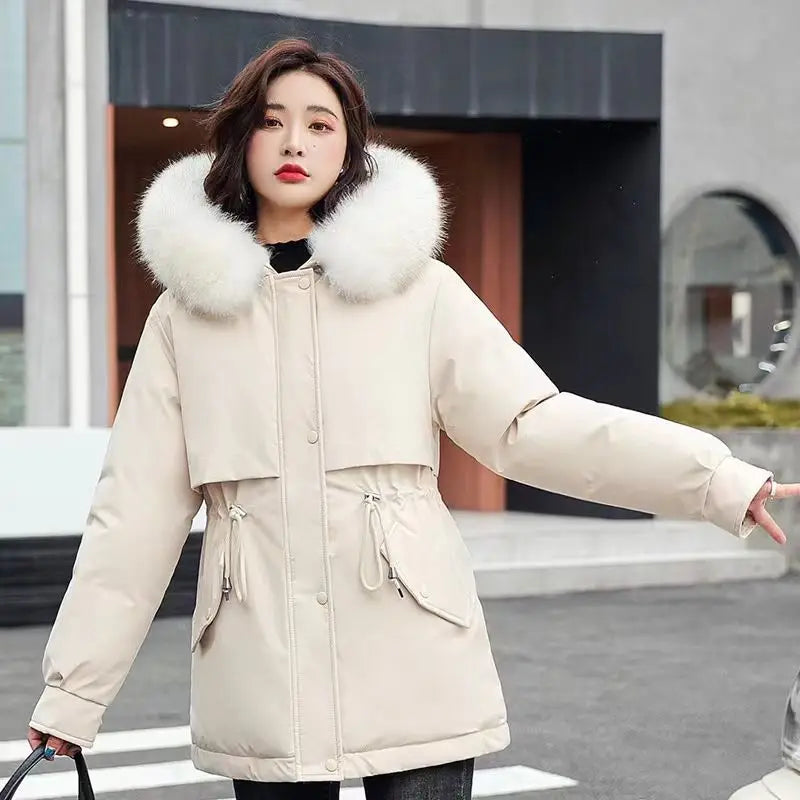 Women Parka 2024 New Fashion Long Coat Wool Liner Hooded Parkas Winter Jacket Slim with Fur Collar Warm Snow Wear Padded Clothes