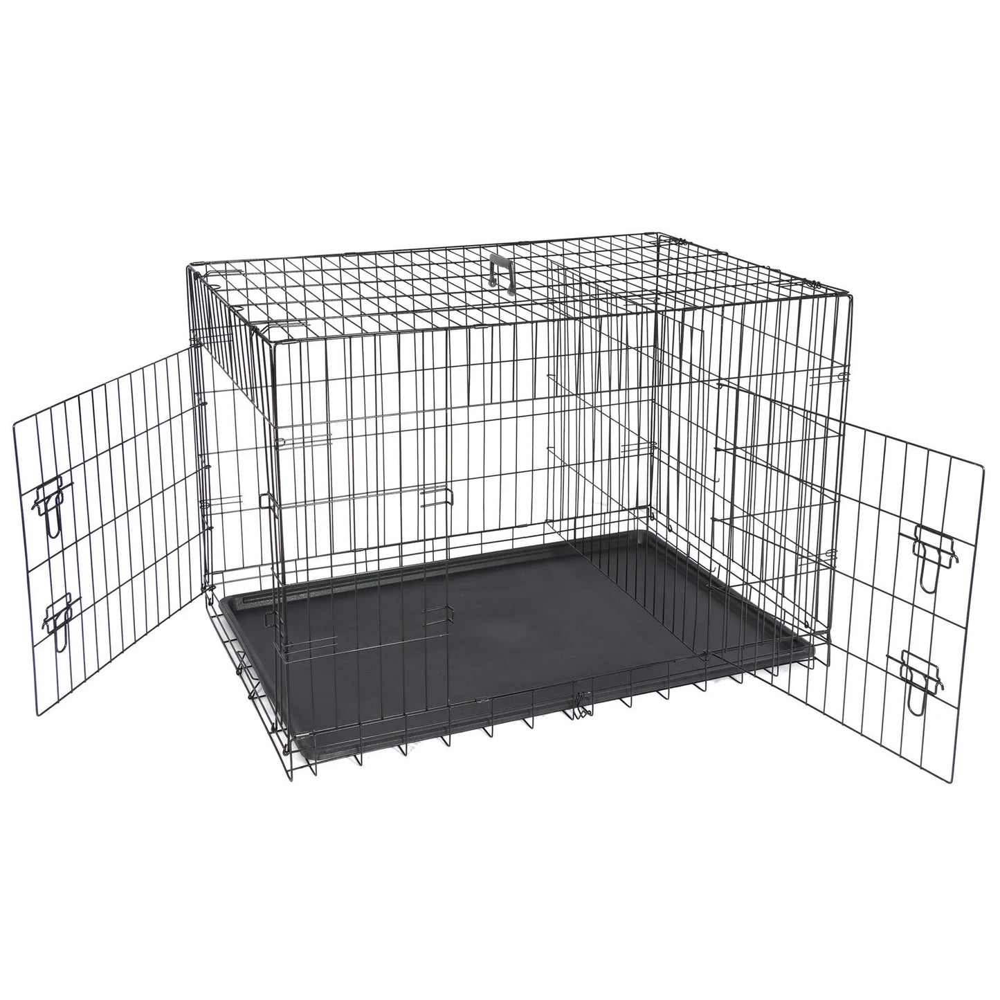 US42 inch dog box folding metal pet cage dog kennel double door with tray tray plate black-