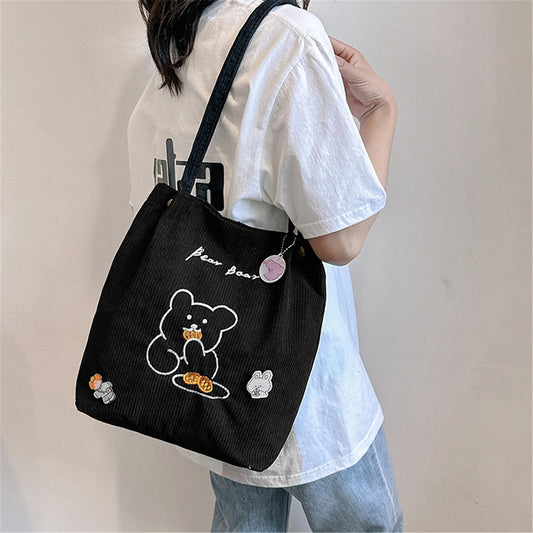 Women Corduroy Shoulder Bags Bear Pattern Ladies Casual Handbag Reusable Large Capacity Tote Bags Casual Female Shopping Bags