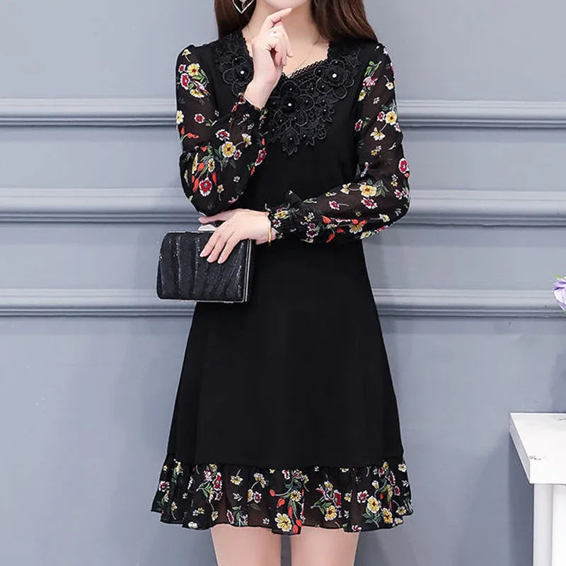 Elegant Fashion Embroidery Beading Round Neck Dress Spring Summer Vintage Women's Clothing Printed Spliced Long Sleeve Dresses