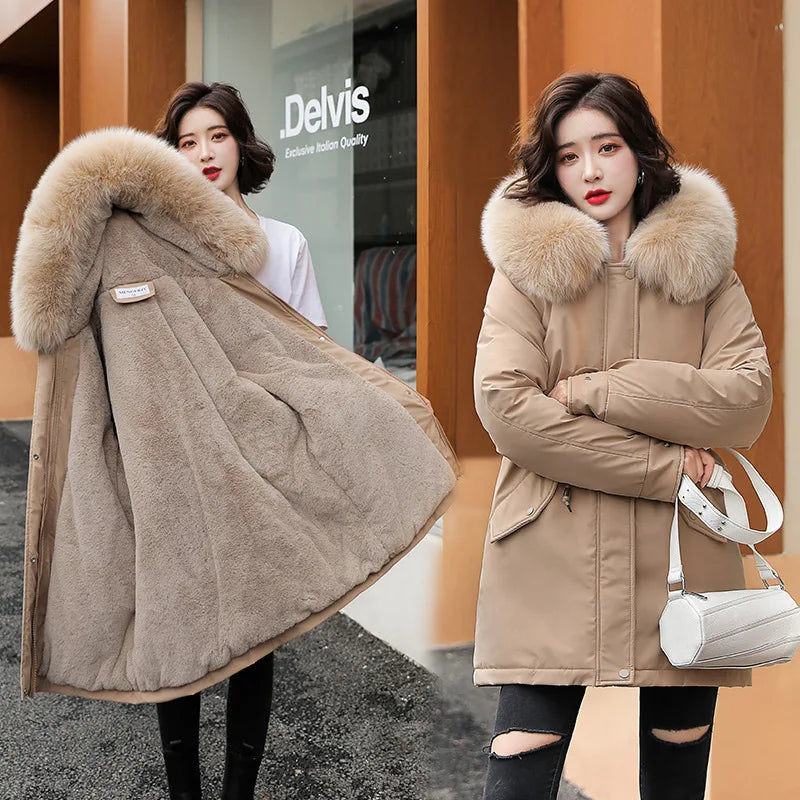 Women Parka 2024 New Fashion Long Coat Wool Liner Hooded Parkas Winter Jacket Slim with Fur Collar Warm Snow Wear Padded Clothes