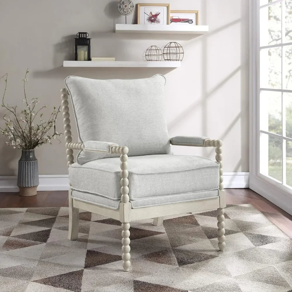 Spindle Accent Chair with Antique White Wood Frame, 26.5” W x 32.25” D x 37” H, Smoke Grey Fabric