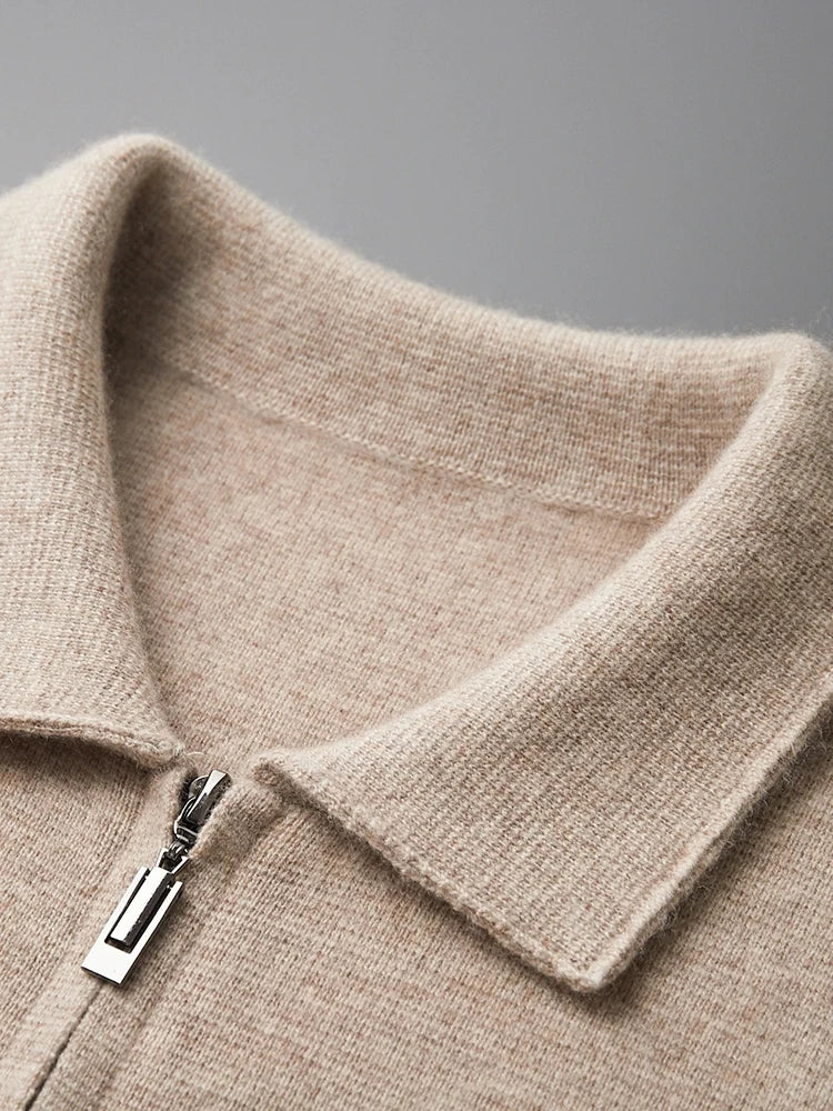 Luxury Autumn Winter Men Cashmere Sweater Thick Warm Zipper Cardigan 100% Merino Wool Knitwear Polo Collar Top Smart Casual Coat