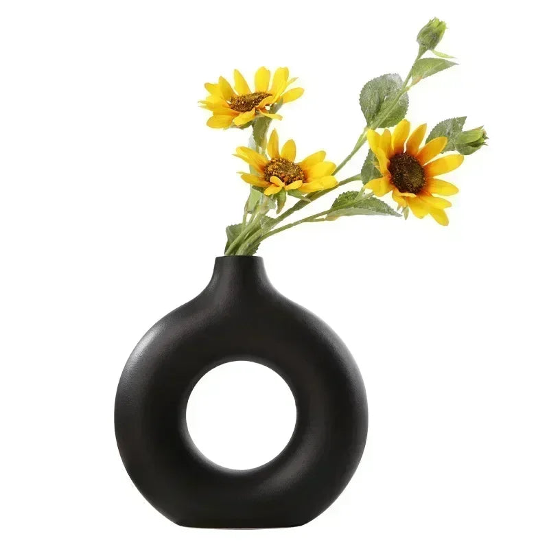 Nordic Ceramic Vase Circular Hollow Donuts Flower Pot Home Living Room Decoration Accessories Interior Office Desktop Decor Gift