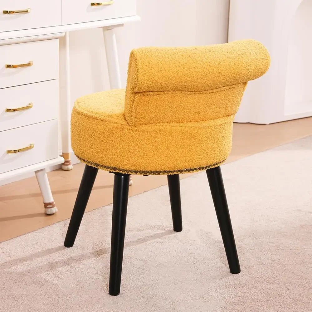 Sherpa Vanity Chair with Back Small Makeup Chair with Wood Legs Sherpa Vanity Stool Tufted Accent Chairs (Yellow)