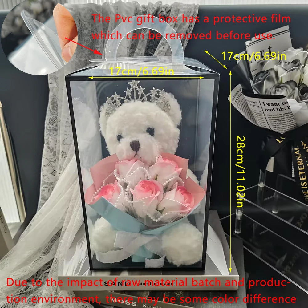 1pcs Plush Bear Rose Flower Bouquet Gift Box Luxury Artificial Soap Flowers Wedding Birthday Christmas New Year Party Decor Prop