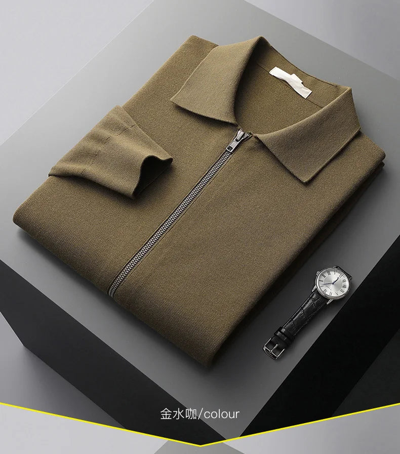 Luxury Autumn Winter Men Cashmere Sweater Thick Warm Zipper Cardigan 100% Merino Wool Knitwear Polo Collar Top Smart Casual Coat