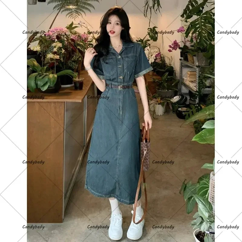 Retro Hong Kong style cowboy dress summer niche design high-end temperament French short-sleeved long skirt women's clothing