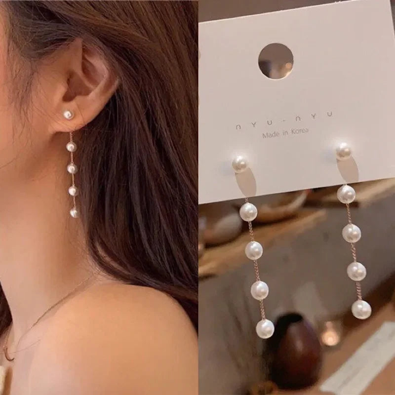 2024 New Classic Elegant Imitation Double Pearl Dangle Earrings For Women Crystal Long Tassel Drop Earring Wedding Jewelry Gifts