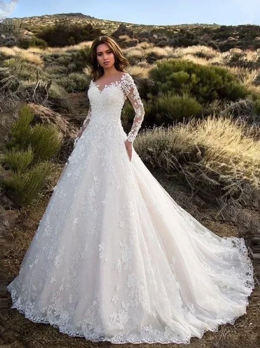 2024 Elegant High Waist Wedding Dress Women Clothing Pure White Long Sleeves Women's Solid Color Print Ball Gown