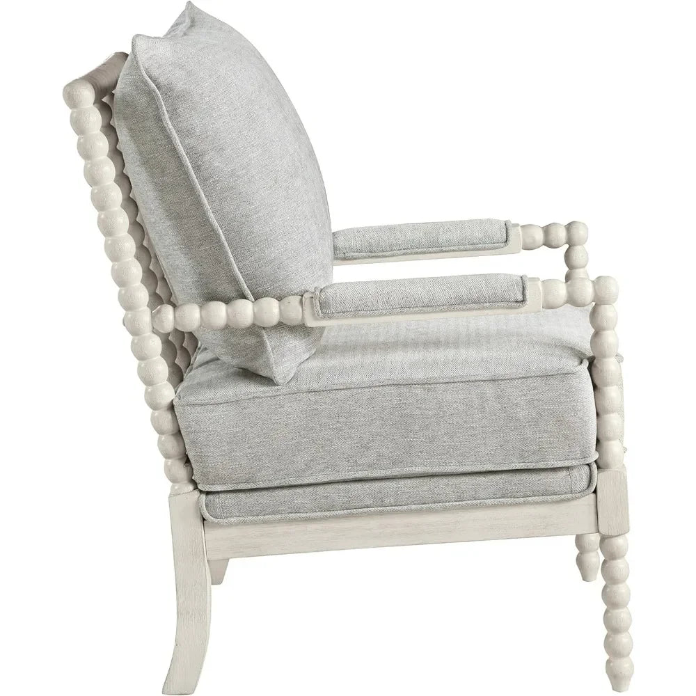 Spindle Accent Chair with Antique White Wood Frame, 26.5” W x 32.25” D x 37” H, Smoke Grey Fabric