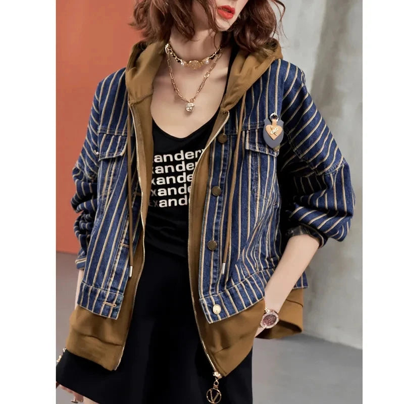 European Denim Jacket Women Early Autumn 2023 New Fake Two-piece Jacket Top Long Sleeved Denim Patchwork Hooded Baseball Clothes