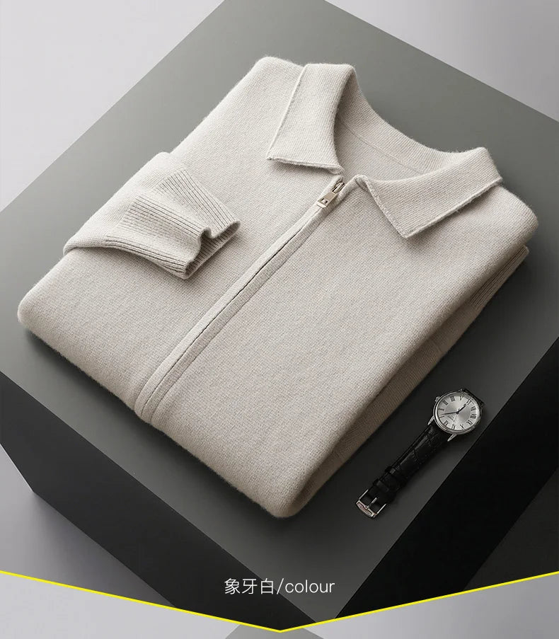 Luxury Autumn Winter Men Cashmere Sweater Thick Warm Zipper Cardigan 100% Merino Wool Knitwear Polo Collar Top Smart Casual Coat