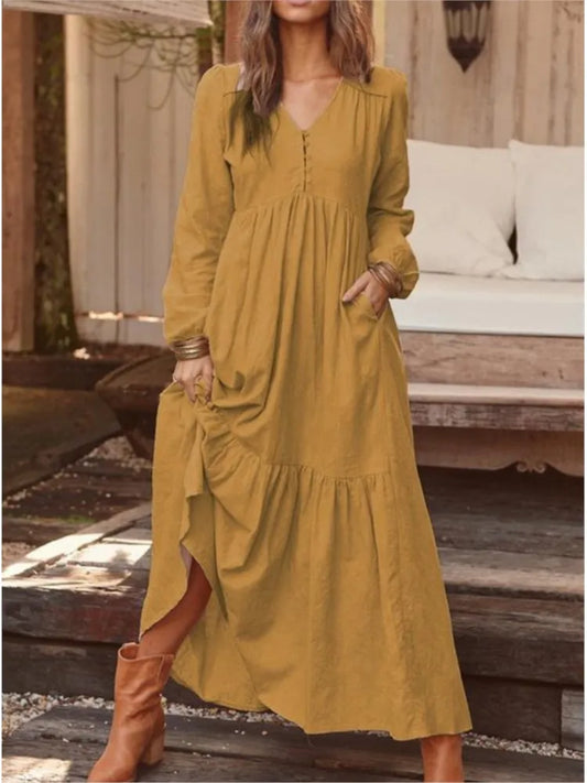 Cotton And Linen Vintage Style Long Dress For Women Casual V Neck Long Sleeve Loose Maxi Dresses Female Elegant Women's Clothing