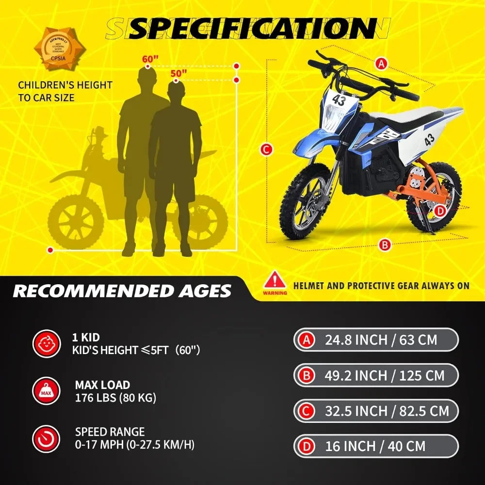 Electric Bike36V 650W Kids Off-Road Motocross Ultra Powerful Motorcycle, with 17MPH MAX Speed,Dual Suspension E BIKE