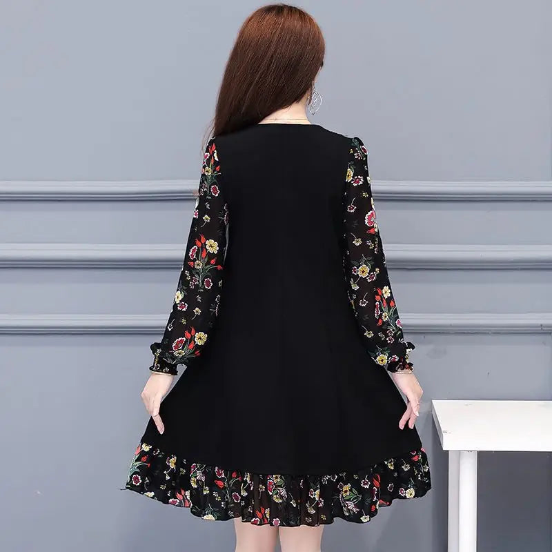 Elegant Fashion Embroidery Beading Round Neck Dress Spring Summer Vintage Women's Clothing Printed Spliced Long Sleeve Dresses