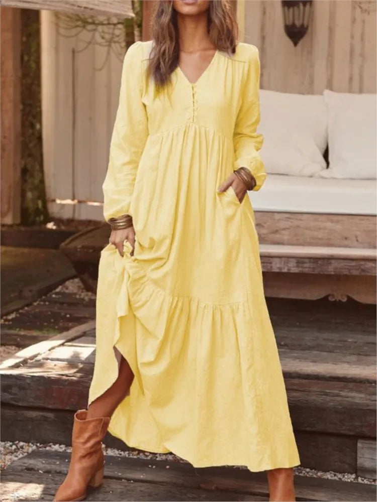 Cotton And Linen Vintage Style Long Dress For Women Casual V Neck Long Sleeve Loose Maxi Dresses Female Elegant Women's Clothing