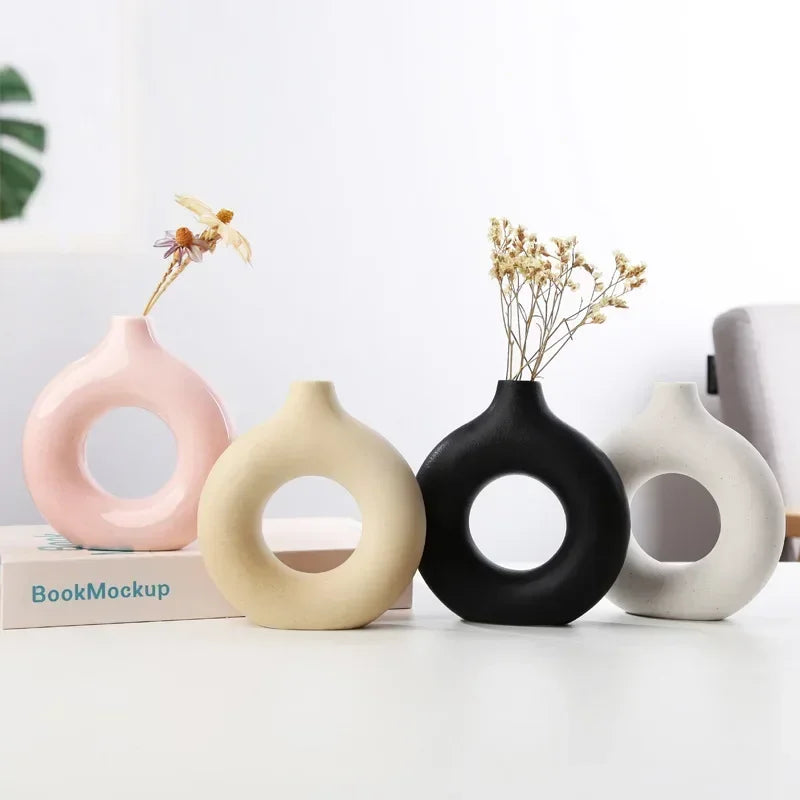 Nordic Vase Circular Hollow Ceramic Donuts Flower Pot Home Living Room Decoration Accessories Interior Office Desktop Decor Gift