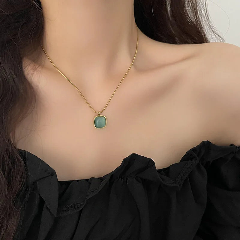 fashion High Quality Stainless steel Chain Light green stone Gold color Necklace  Luxury Jewelry For Women's Clavicle Chain gift