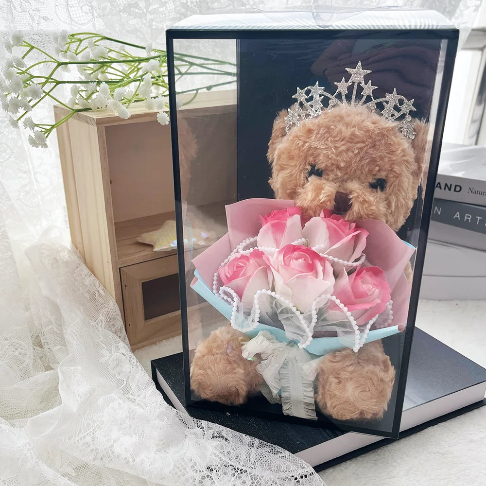 1pcs Plush Bear Rose Flower Bouquet Gift Box Luxury Artificial Soap Flowers Wedding Birthday Christmas New Year Party Decor Prop