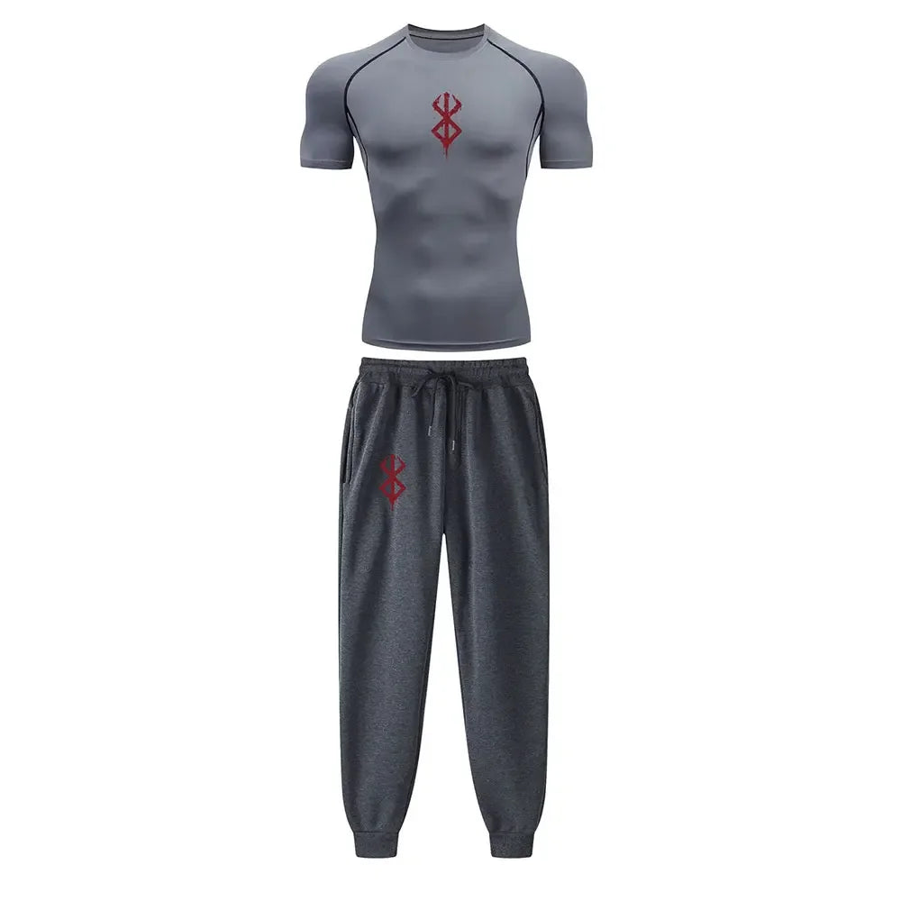 Anime Compression Set Berserk Guts Print Performance GYM Set Men's Athletic Workout Quick Dry Shirts+Sweatpants Unisex Sportwear