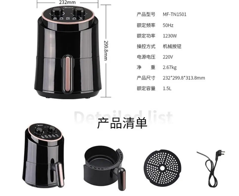 Electric pan cake machine airfryer Midea household Air Fryer Home Multifunctional black1.5L Non-Stick Pot home Chip Maker TN1501