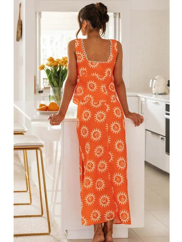 Foridol Top Skirt Dress Set Spring Summer Slit Maxi Long Dress Suit Matching Set Boho Beach Dress Vestidos Women Clothing 2024