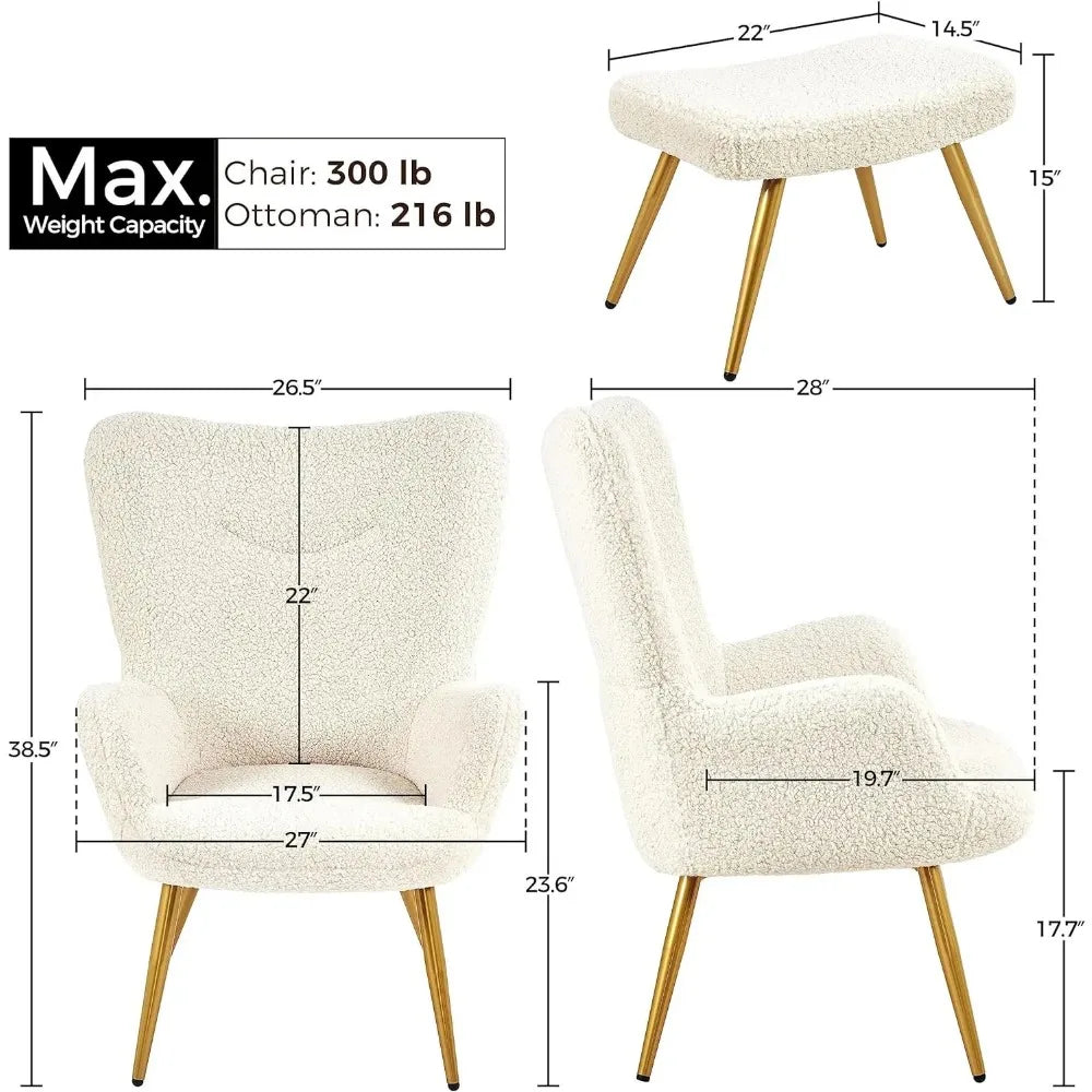 Accent Chair and Ottoman Set, Sherpa Armchair with Golden Metal Legs and High Back, Footstool for Living Room, Lounge, Ivory