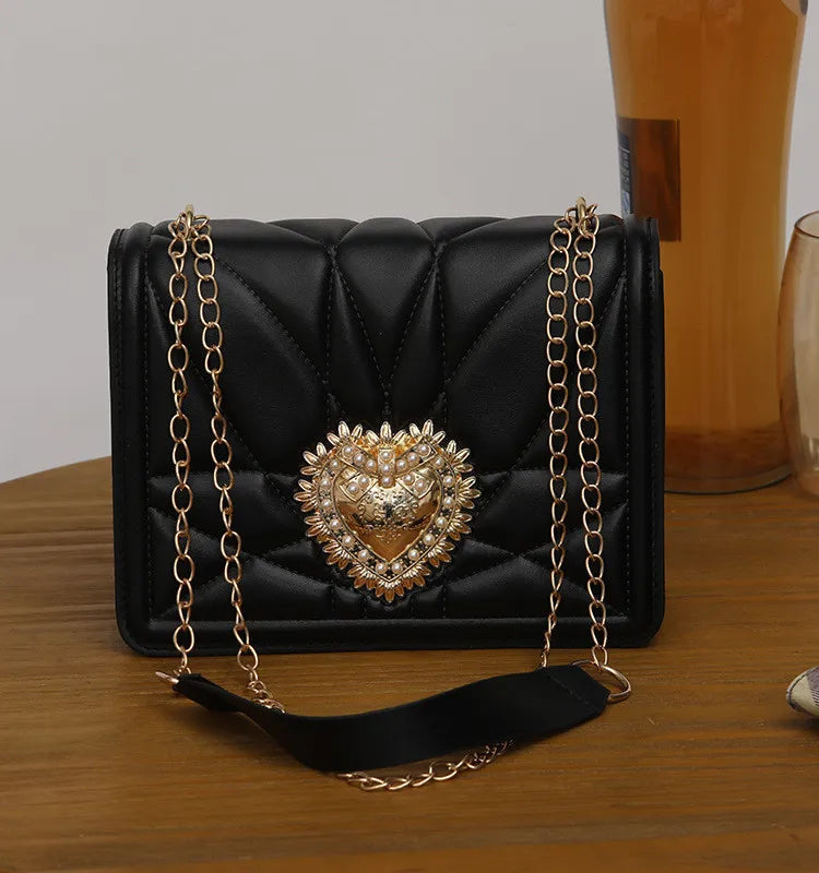 Western-style Women's Bag Quality Leather Shoulder Bags for Women Brand Messenge Retro Thread Heart Female Bag Chain Square Bags