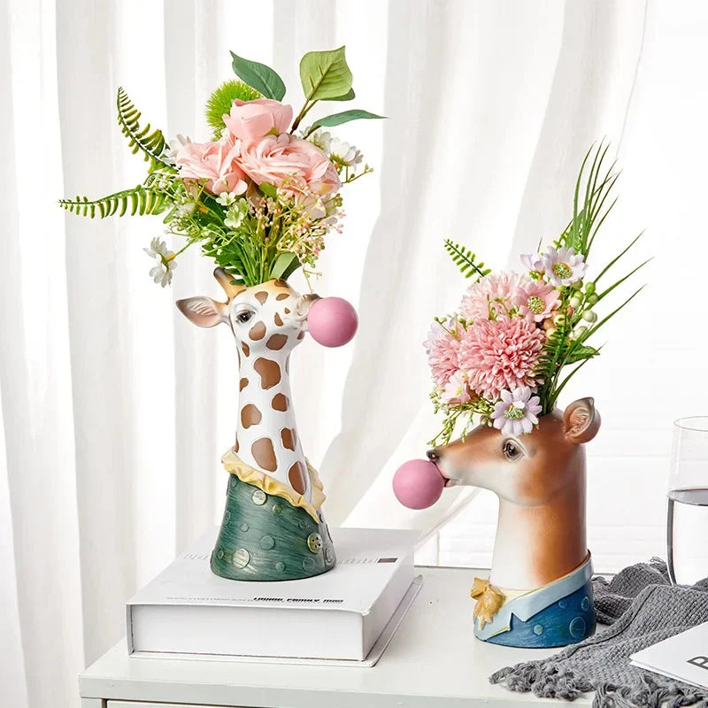 Dried Flower Vase Living Room Table Art Home Decor FlowerPot Hand Painting Giraffe Zebra Panda Creative Modern Animal Resin Vase