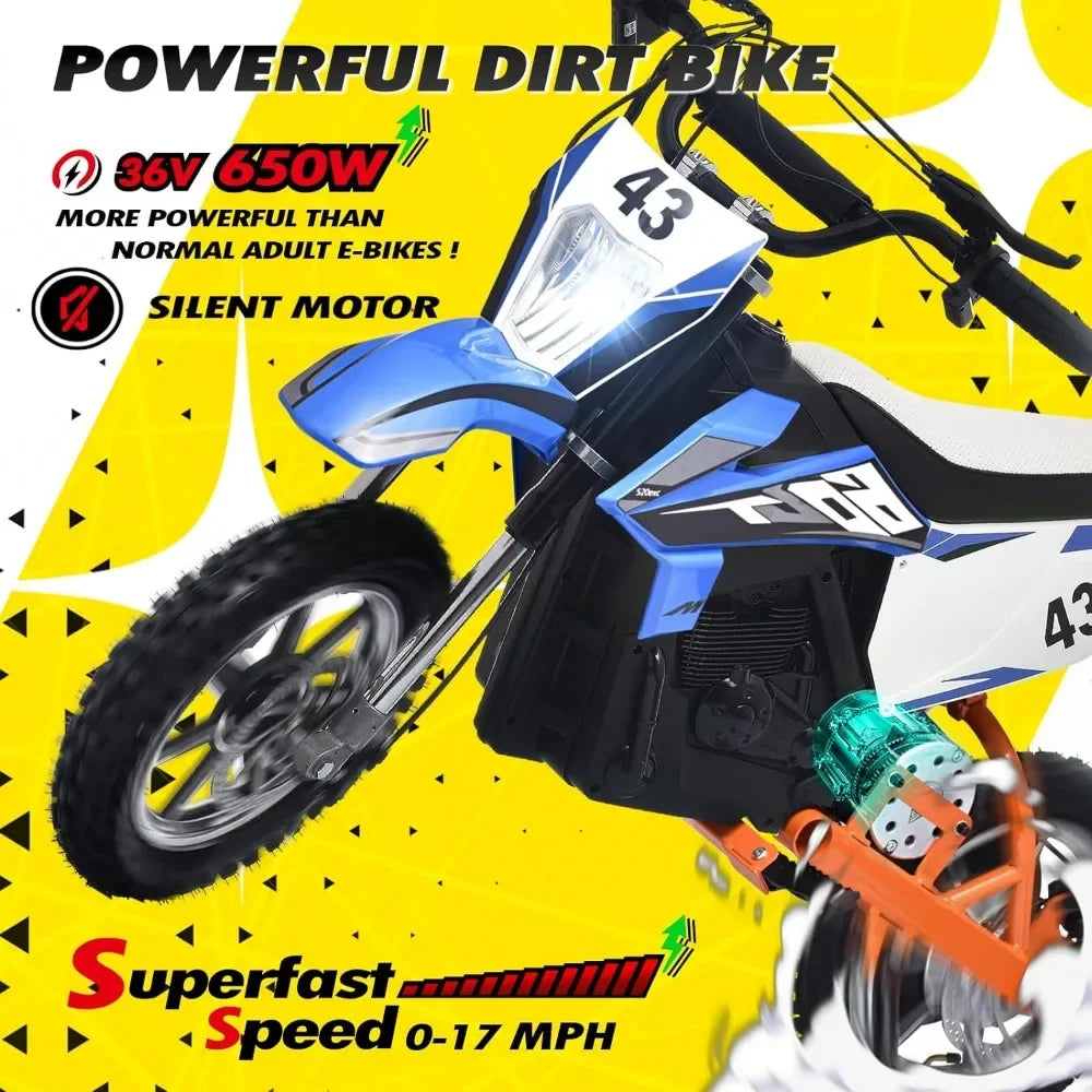 Electric Bike36V 650W Kids Off-Road Motocross Ultra Powerful Motorcycle, with 17MPH MAX Speed,Dual Suspension E BIKE