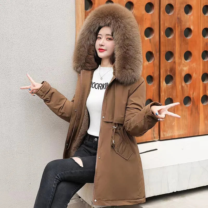 Women Parka 2024 New Fashion Long Coat Wool Liner Hooded Parkas Winter Jacket Slim with Fur Collar Warm Snow Wear Padded Clothes