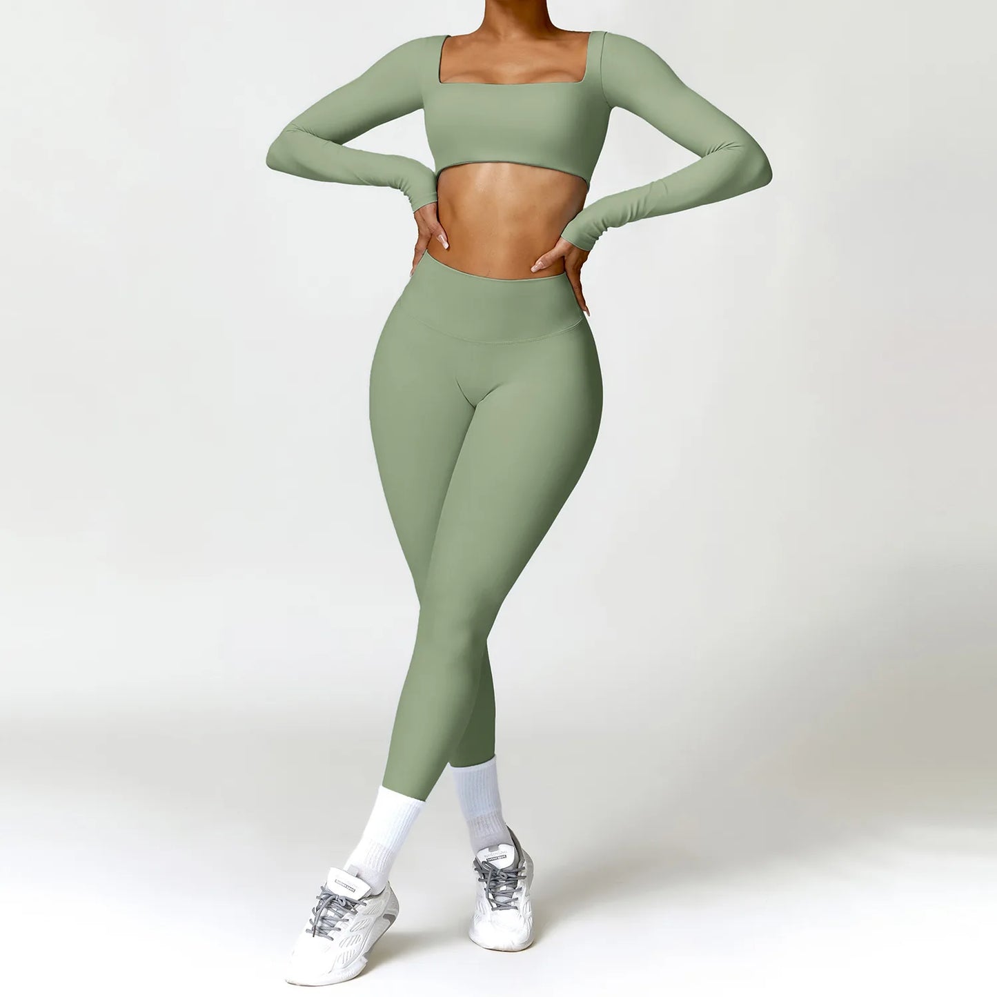 Yoga Set Women Naked Feel Fitness Sportswear 2 Piece Sports Bra High Waist Gym Leggings Long-Sleeved Workout Outfit Active Wear