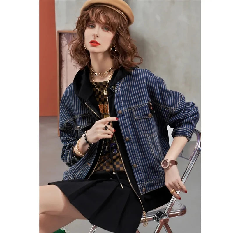 European Denim Jacket Women Early Autumn 2023 New Fake Two-piece Jacket Top Long Sleeved Denim Patchwork Hooded Baseball Clothes