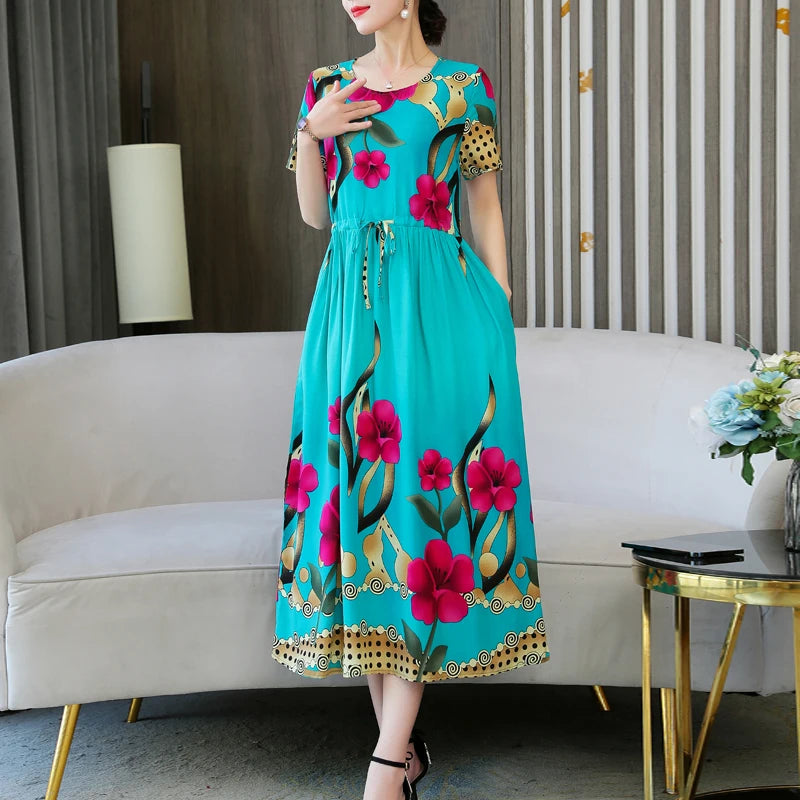 New Fashion Summer Dresses For Women 2024 O-neck Print Long Dress Short Sleeve Women Long Dresses Loose Dresses Women Clothing