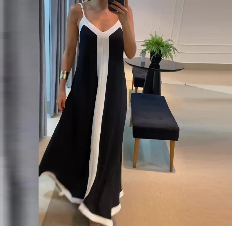 Women's Dress 2024 Summer Women's Clothing Fashion Elegant V-neck Casual Black and White Contrast Sleeveless Loose Long Dresses