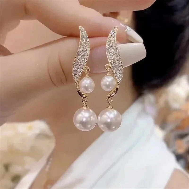 2024 New Classic Elegant Imitation Double Pearl Dangle Earrings For Women Crystal Long Tassel Drop Earring Wedding Jewelry Gifts