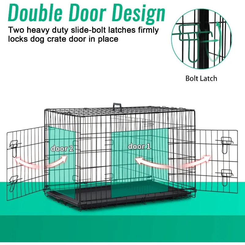 FDW Dog Crate Dog Cage Pet Crate for Large Dogs Folding Metal Pet Cage Double Door W/Divider Panel