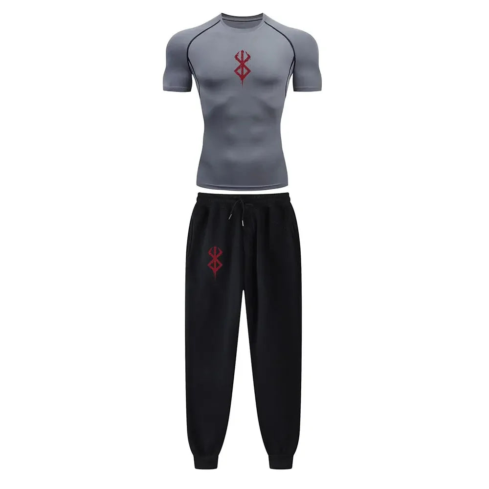 Anime Compression Set Berserk Guts Print Performance GYM Set Men's Athletic Workout Quick Dry Shirts+Sweatpants Unisex Sportwear