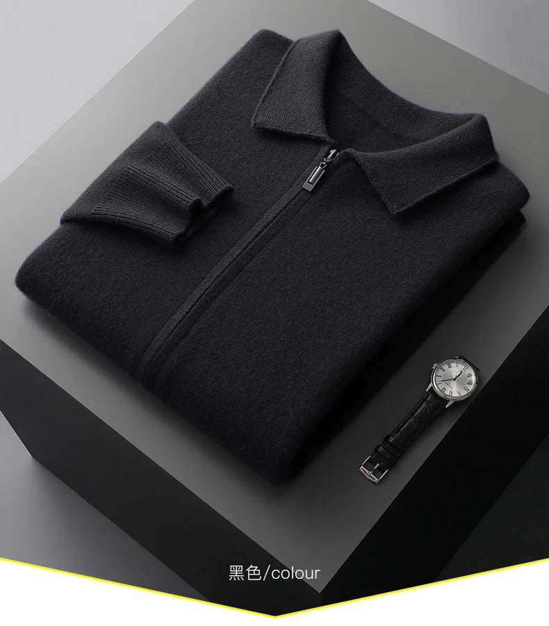 Luxury Autumn Winter Men Cashmere Sweater Thick Warm Zipper Cardigan 100% Merino Wool Knitwear Polo Collar Top Smart Casual Coat