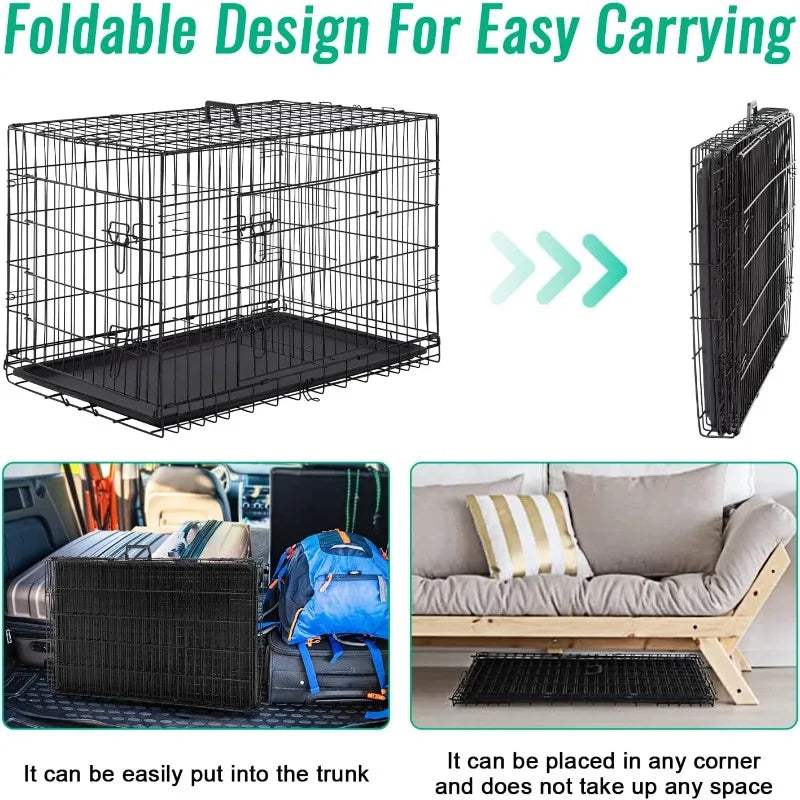 FDW Dog Crate Dog Cage Pet Crate for Large Dogs Folding Metal Pet Cage Double Door W/Divider Panel