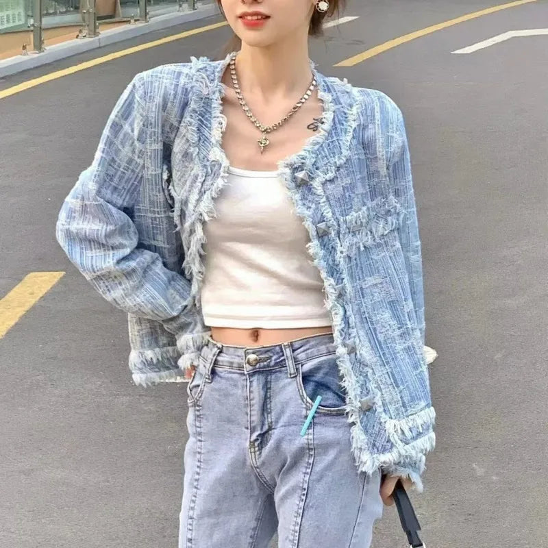 V Neck Age Reducing Single-breasted Denim Jacket Crochet Tassel Streetwear Chic Coat Y2k Korean Vintage Clothes Women Jaquetas