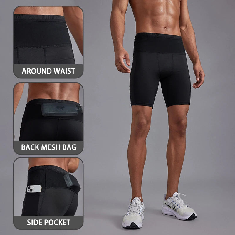 (M-3XL)Men Compression Marathon Running Shorts with Waist Pack Quick Dry Trainning Exercise Fitness Sport Tight Shorts