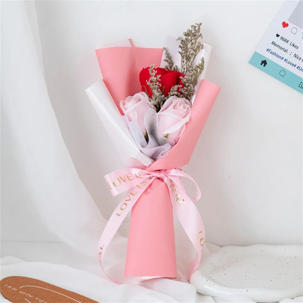 Artificial Soap Flower Rose Bouquet Gift Bags Valentine'S Day Birthday Gift Wedding Home Decor 3 Heads Rose Soap Bouquet Gift