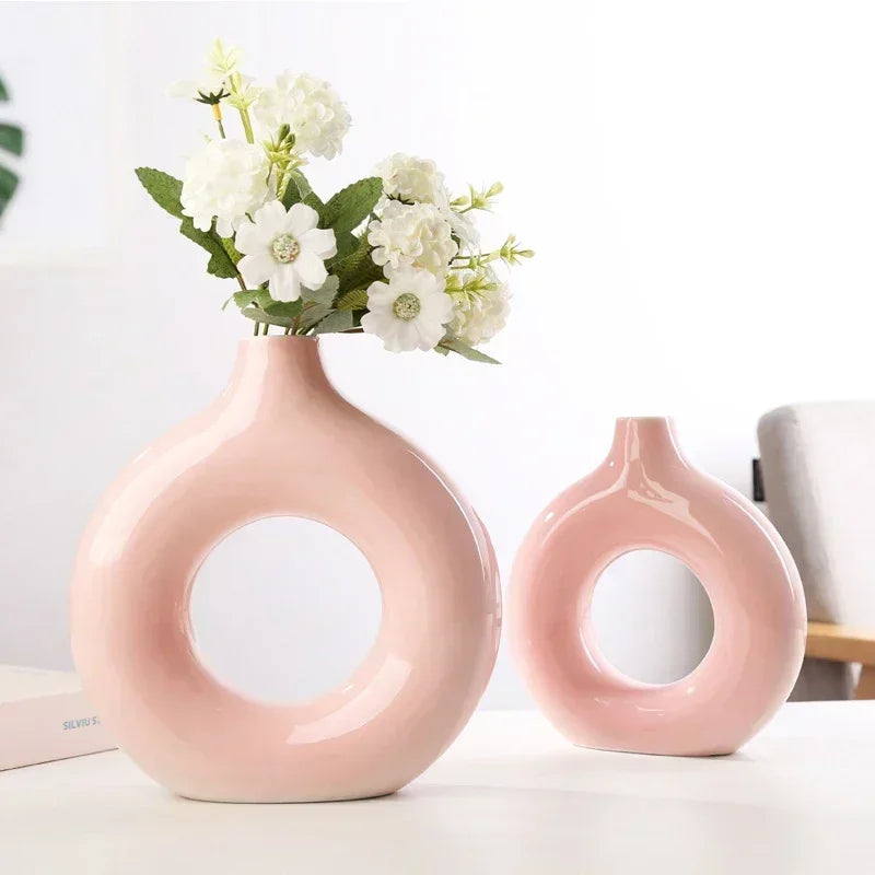 Nordic Vase Circular Hollow Ceramic Donuts Flower Pot Home Living Room Decoration Accessories Interior Office Desktop Decor Gift